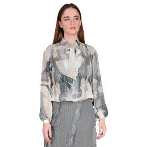 NWT Bl^nk Grey Marble Print Neck Tie Semi Sheer Gold Lorex Thread Moira Shirt